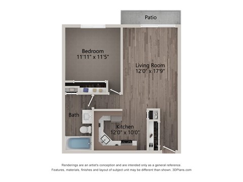 Floor plan for 1 bed, 1 bath, 700 sqft